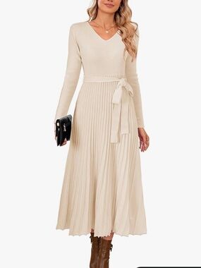 V-Neck Long-Sleeve Pleated Tie-Waist Midi Dress - Cream